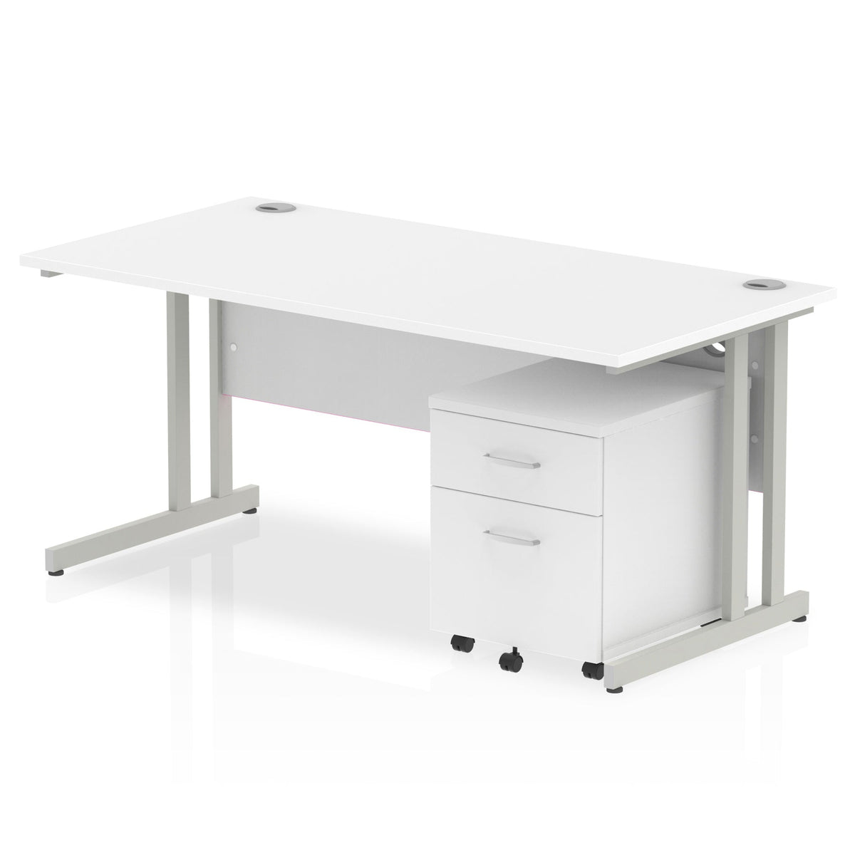 ID Workplace Cantilever Desk with Mobile Pedestal White Silver 2 Drawer Mobile Pedestal - Industrious Decor