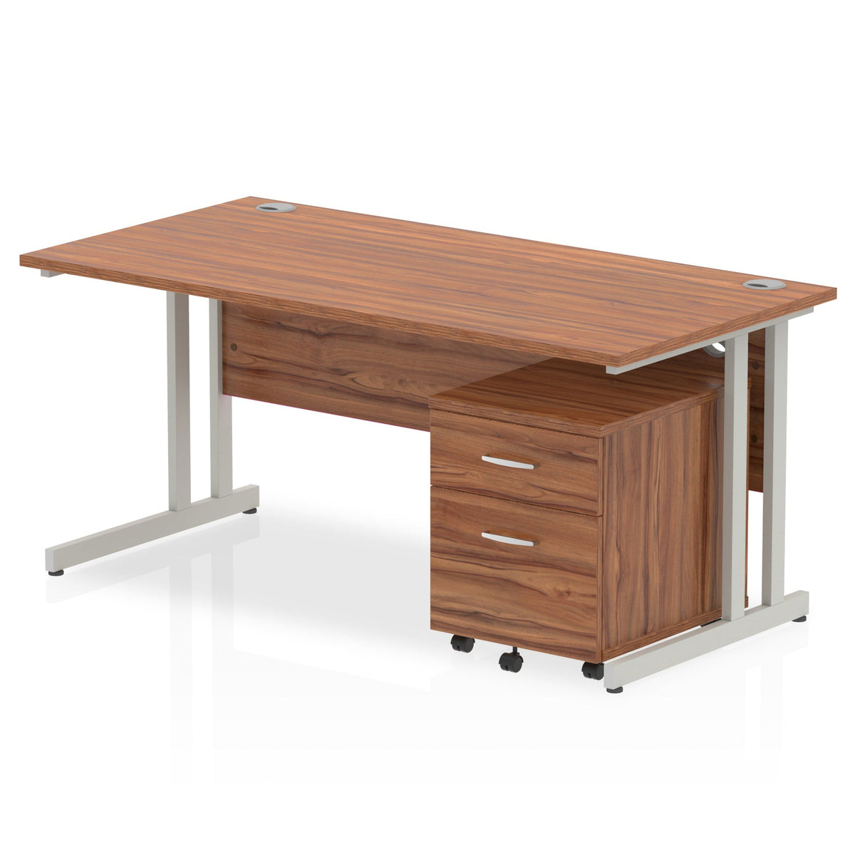 ID Workplace Cantilever Desk with Mobile Pedestal Walnut Silver 2 Drawer Mobile Pedestal - Industrious Decor