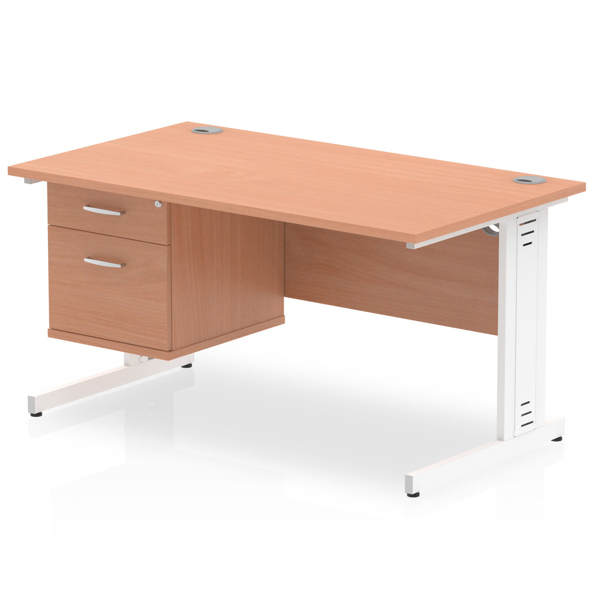 ID Workplace Cable Managed Desk – 1400mm Beech 2 Drawer White - Industrious Decor