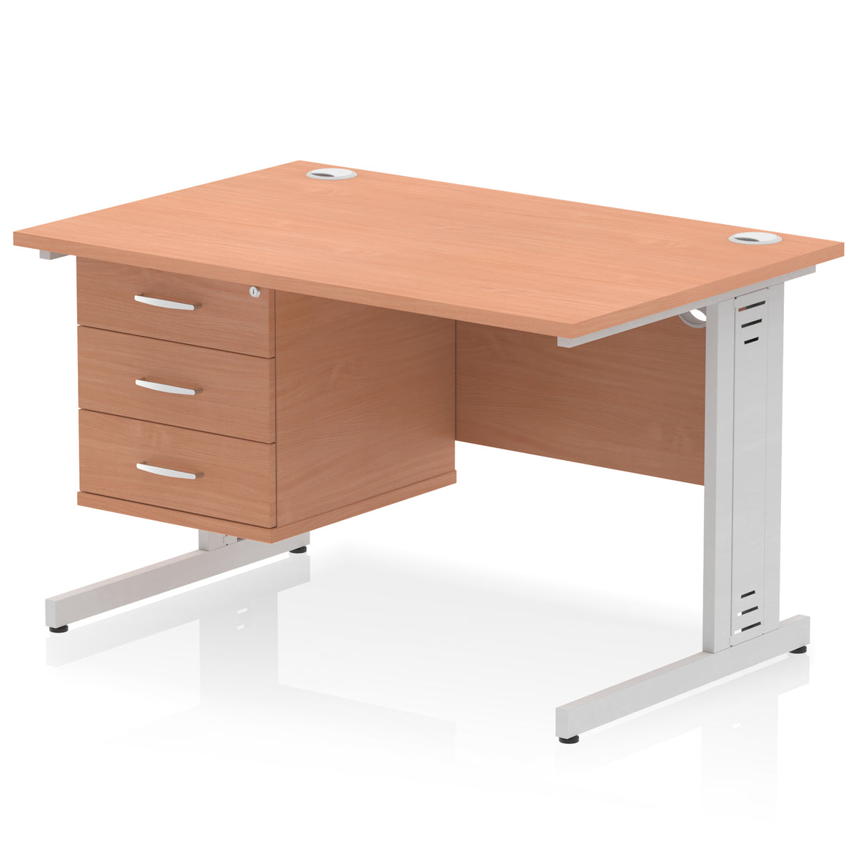 ID Workplace Cable Managed Desk – 1200mm Beech 3 Drawer Silver - Industrious Decor