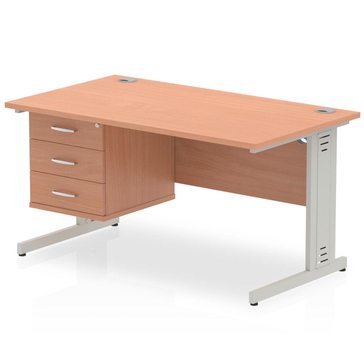 ID Workplace Cable Managed Desk – 1400mm Beech 3 Drawer Silver - Industrious Decor