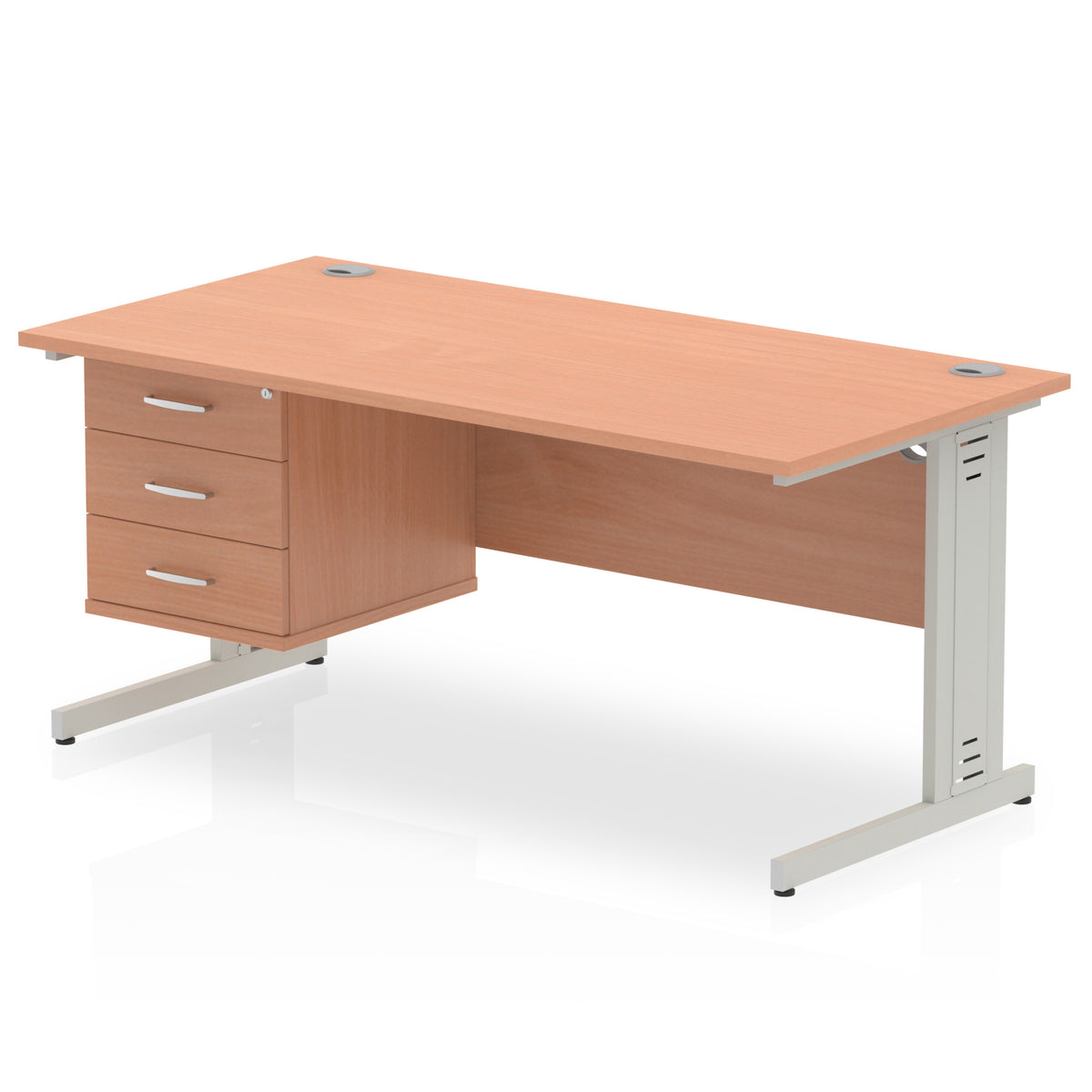 ID Workplace Cable Managed Desk – 1600mm Beech 3 Drawer Silver - Industrious Decor