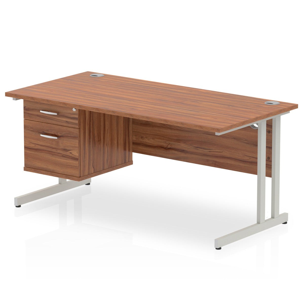 ID Workplace Cantilever Desk with 2 Drawer Fixed Pedestal Walnut Silver - Industrious Decor