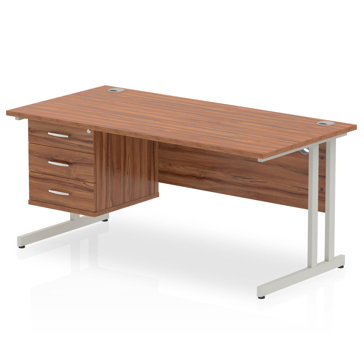 ID Workplace Cantilever Desk with 3 Drawer Fixed Pedestal Walnut Silver - Industrious Decor