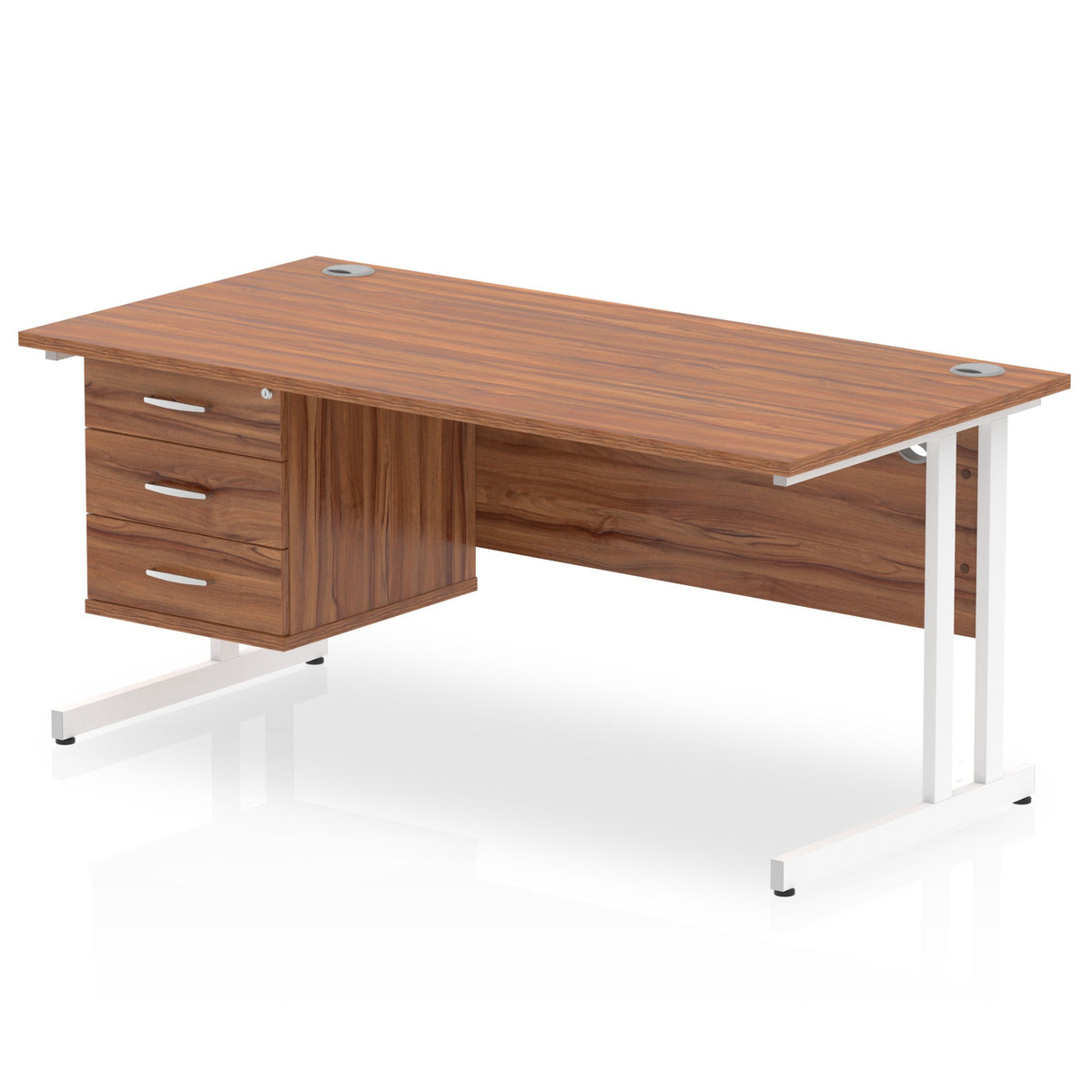 ID Workplace Cantilever Desk with 3 Drawer Fixed Pedestal Walnut White - Industrious Decor