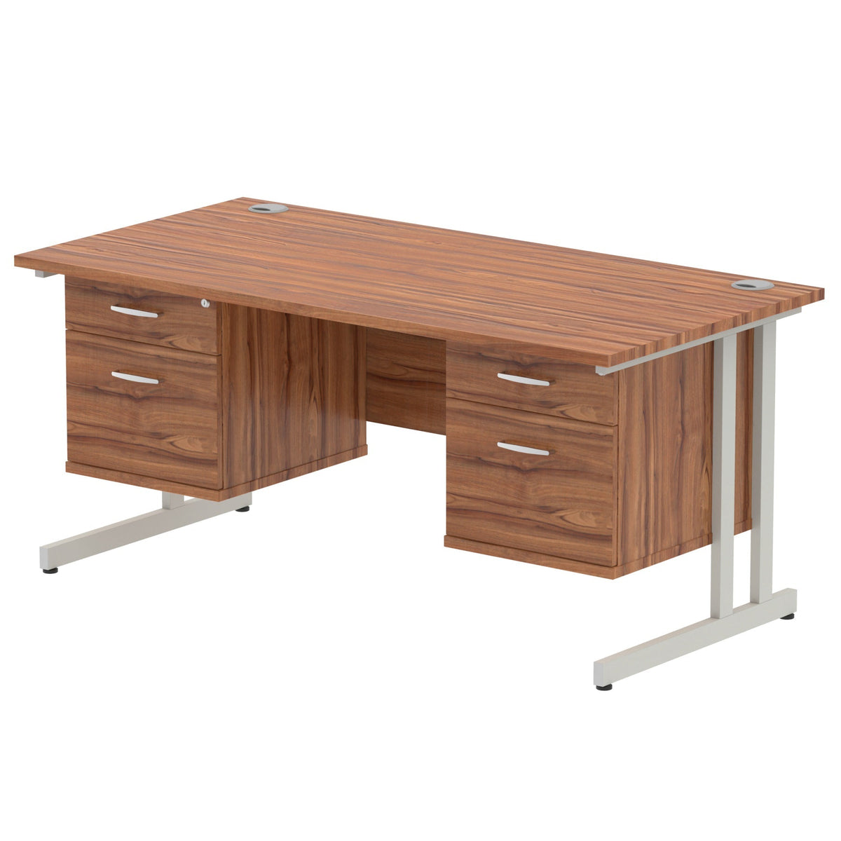 ID Workplace Cantilever Desk with Double 2-Drawer Pedestals Walnut Silver - Industrious Decor