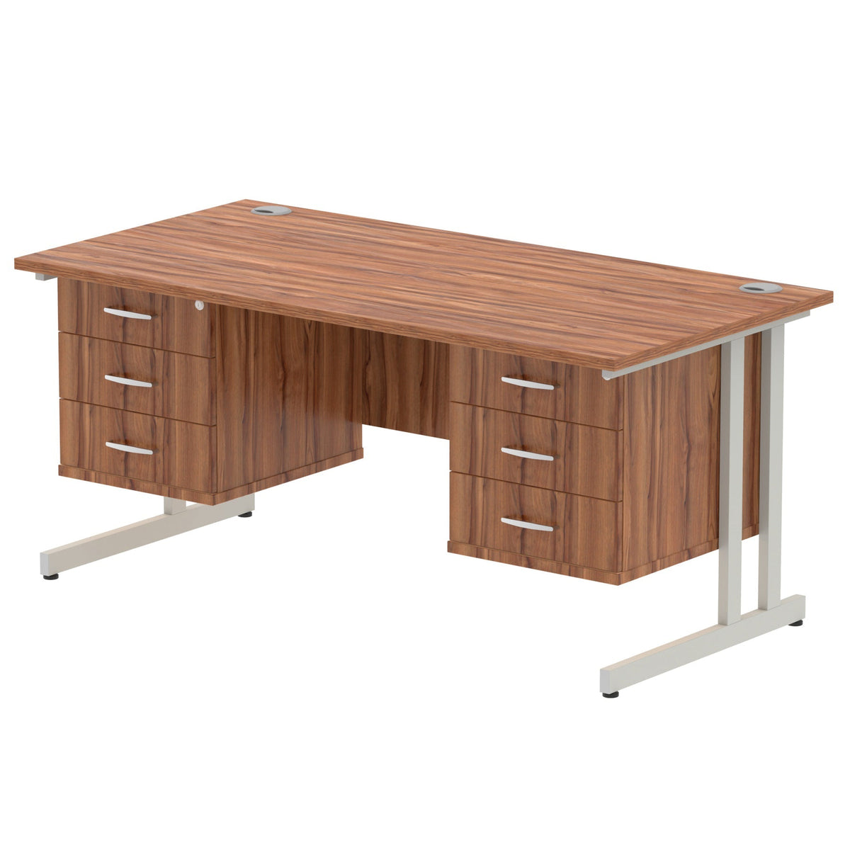 ID Workplace Cantilever Desk with Double 3-Drawer Pedestals Walnut Silver - Industrious Decor