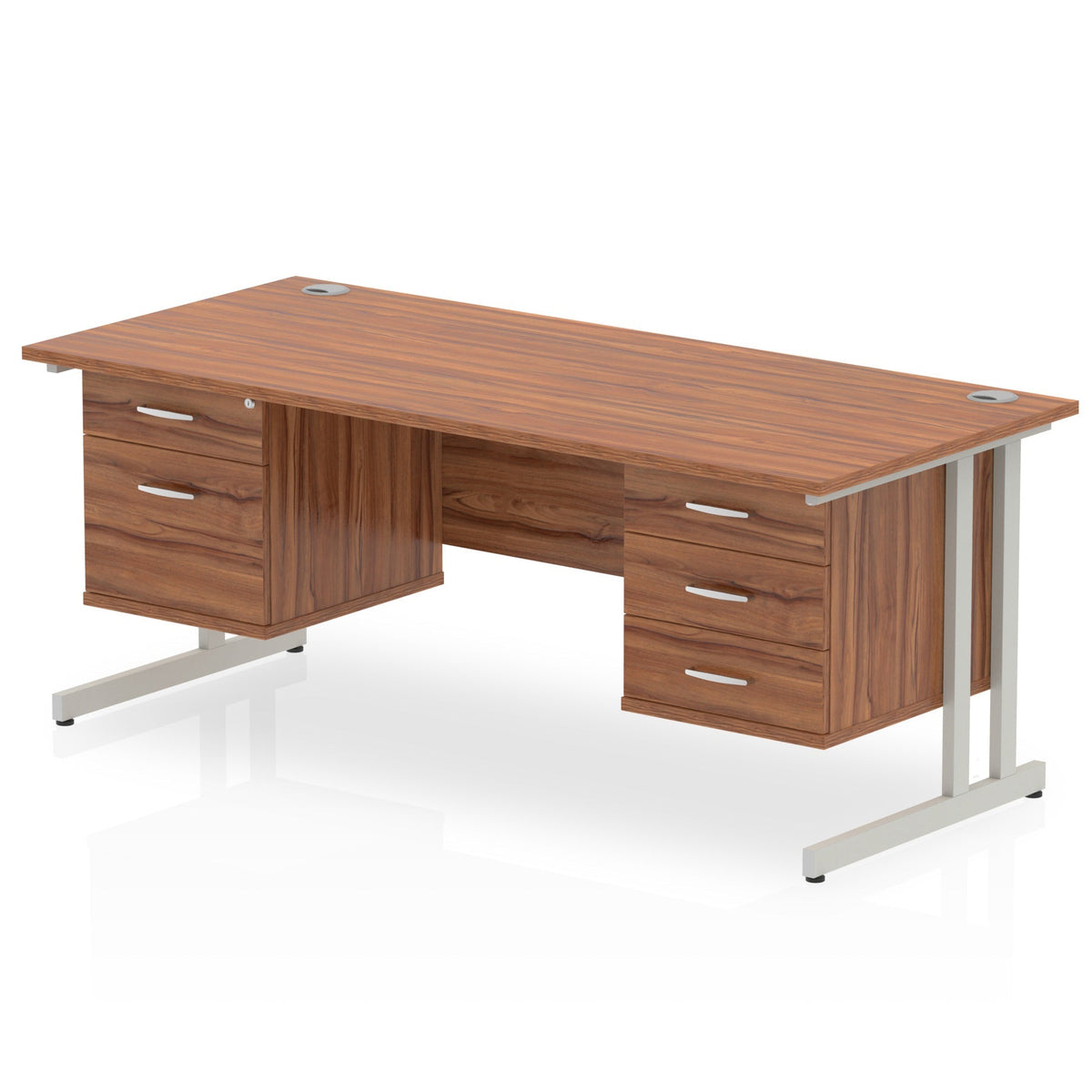 ID Workplace Cantilever Desk with 2-Drawer & 3-Drawer Pedestals Walnut Silver - Industrious Decor