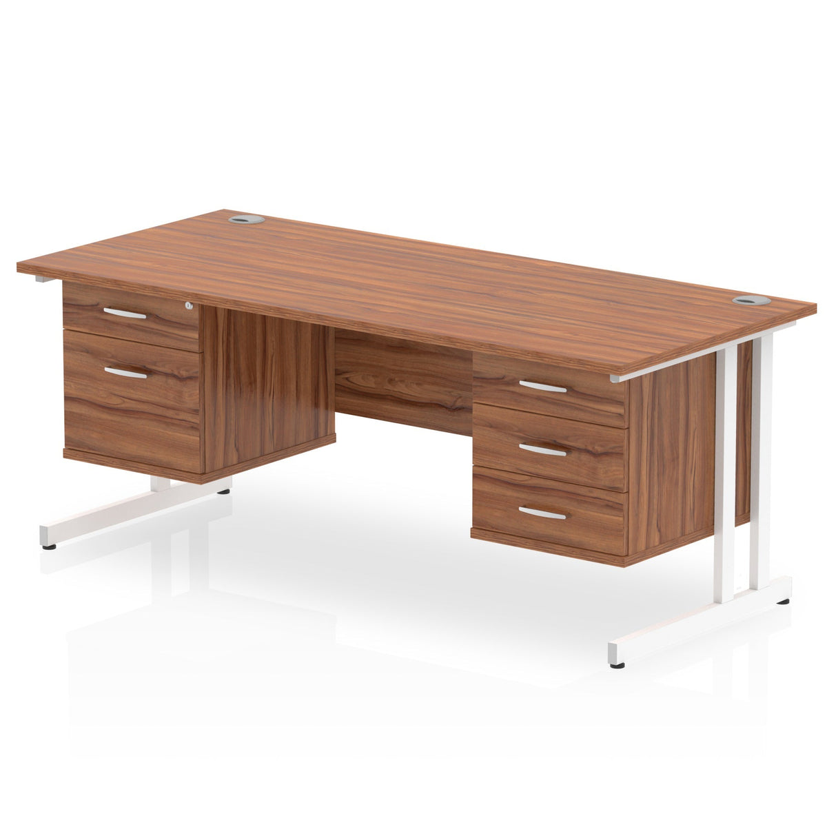 ID Workplace Cantilever Desk with 2-Drawer & 3-Drawer Pedestals Walnut White - Industrious Decor