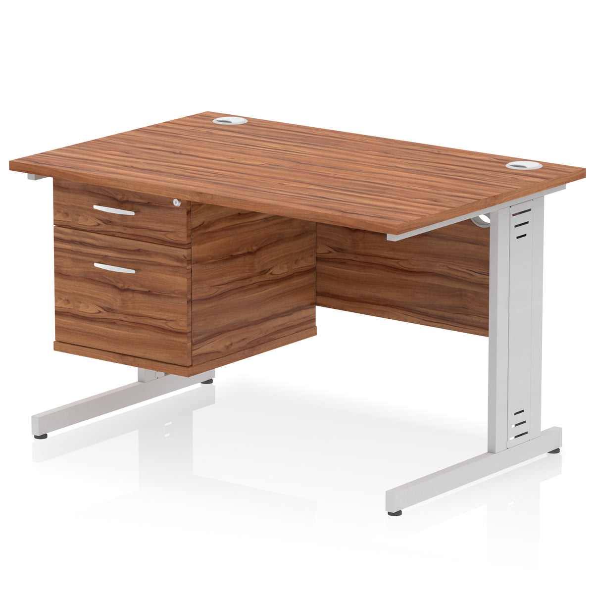 ID Workplace Cable Managed Desk – 1200mm Walnut 2 Drawer Silver - Industrious Decor