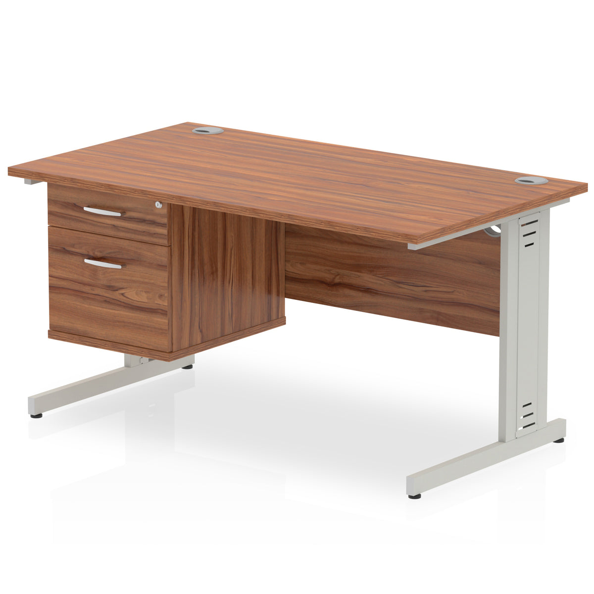 ID Workplace Cable Managed Desk – 1400mm Walnut 2 Drawer Silver - Industrious Decor