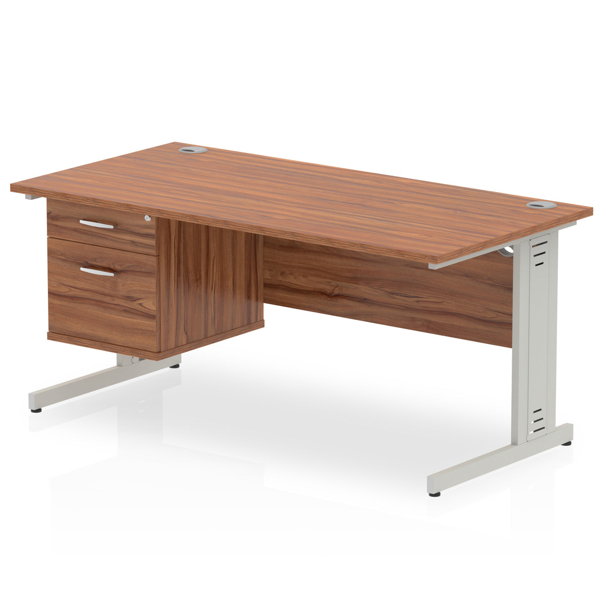ID Workplace Cable Managed Desk – 1600mm Walnut 2 Drawer Silver - Industrious Decor