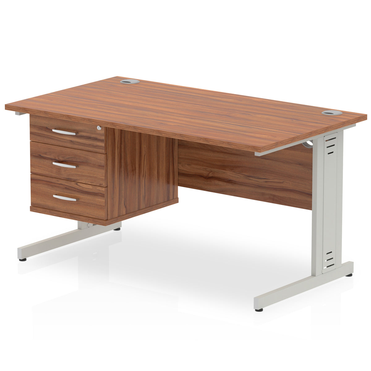 ID Workplace Cable Managed Desk – 1400mm Walnut 3 Drawer Silver - Industrious Decor
