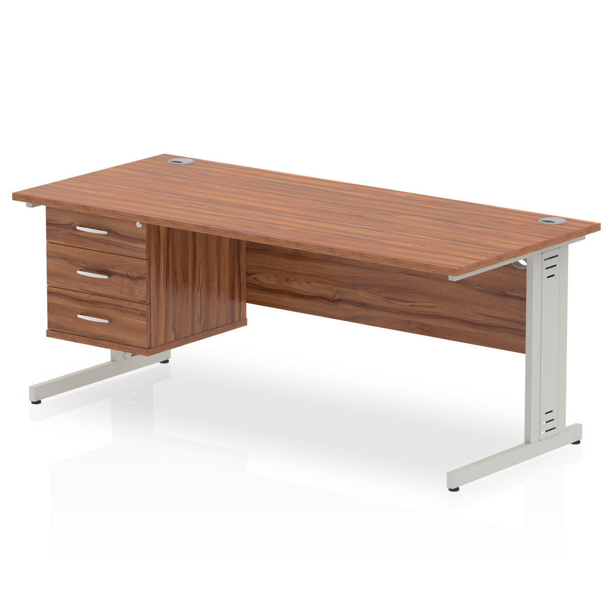 ID Workplace Cable Managed Desk – 1800mm Walnut 3 Drawer Silver - Industrious Decor