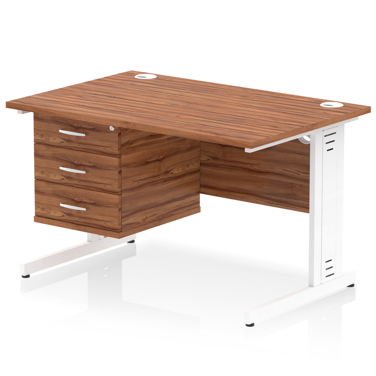ID Workplace Cable Managed Desk – 1200mm Walnut 3 Drawer White - Industrious Decor
