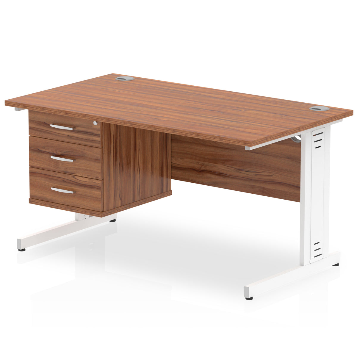 ID Workplace Cable Managed Desk – 1400mm Walnut 3 Drawer White - Industrious Decor