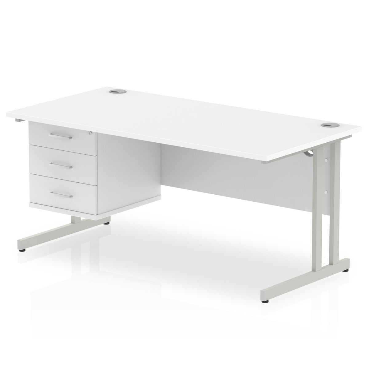 ID Workplace Cantilever Desk with 3 Drawer Fixed Pedestal White Silver - Industrious Decor