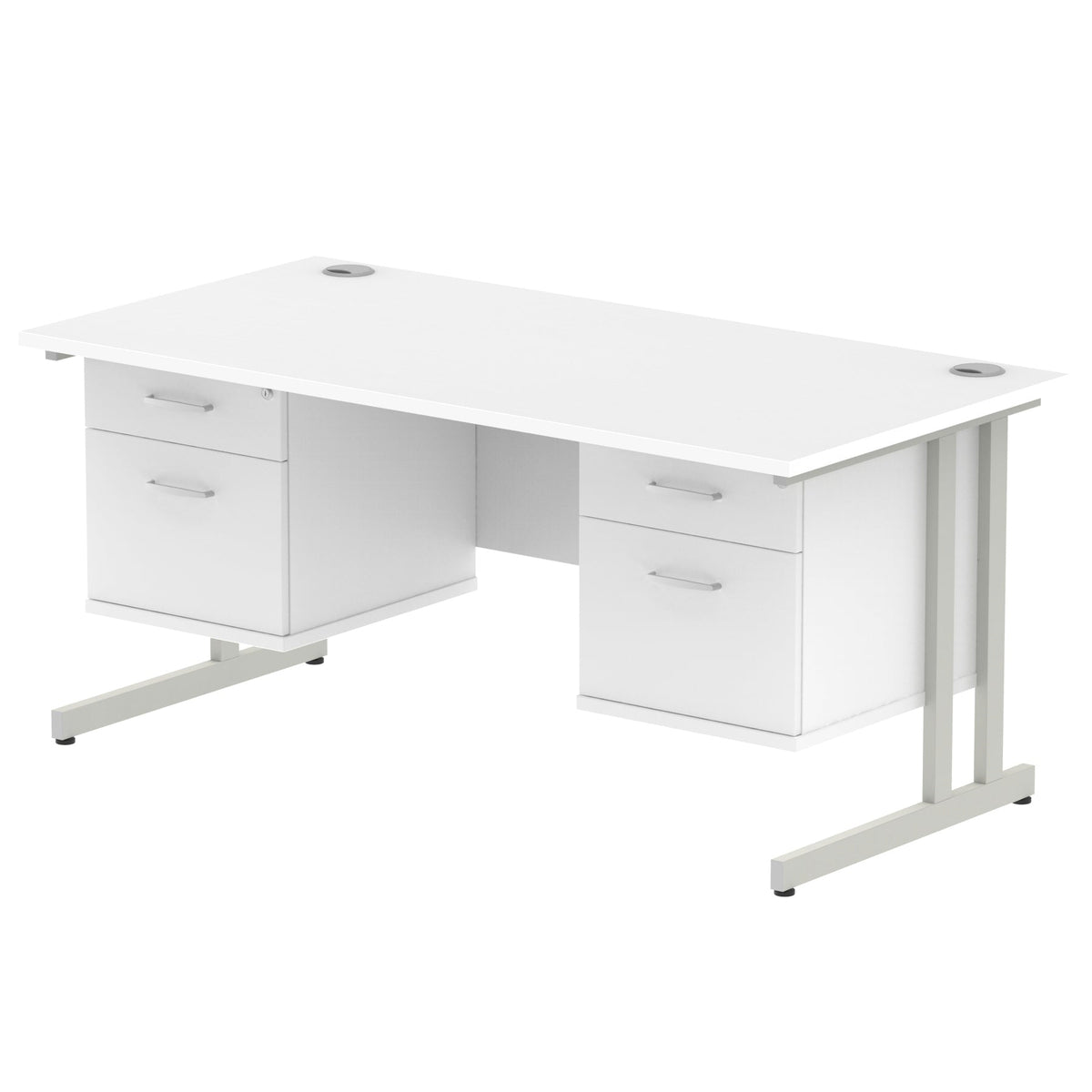 ID Workplace Cantilever Desk with Double 2-Drawer Pedestals White Silver - Industrious Decor