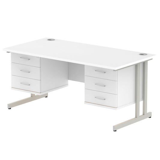 ID Workplace Cantilever Desk with Double 3-Drawer Pedestals White Silver - Industrious Decor