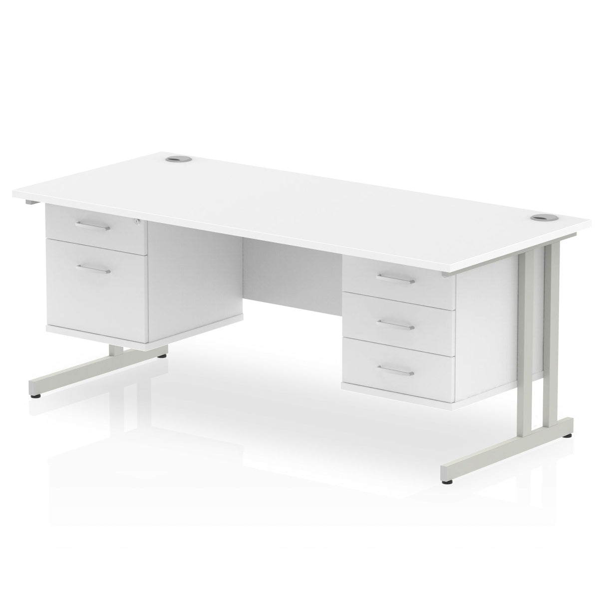 ID Workplace Cantilever Desk with 2-Drawer & 3-Drawer Pedestals White Silver - Industrious Decor