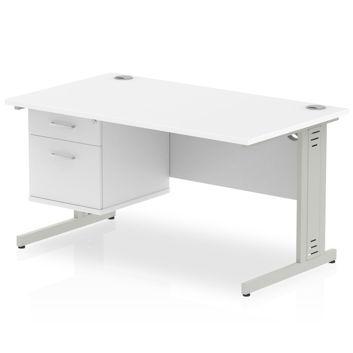 ID Workplace Cable Managed Desk – 1400mm White 2 Drawer Silver - Industrious Decor