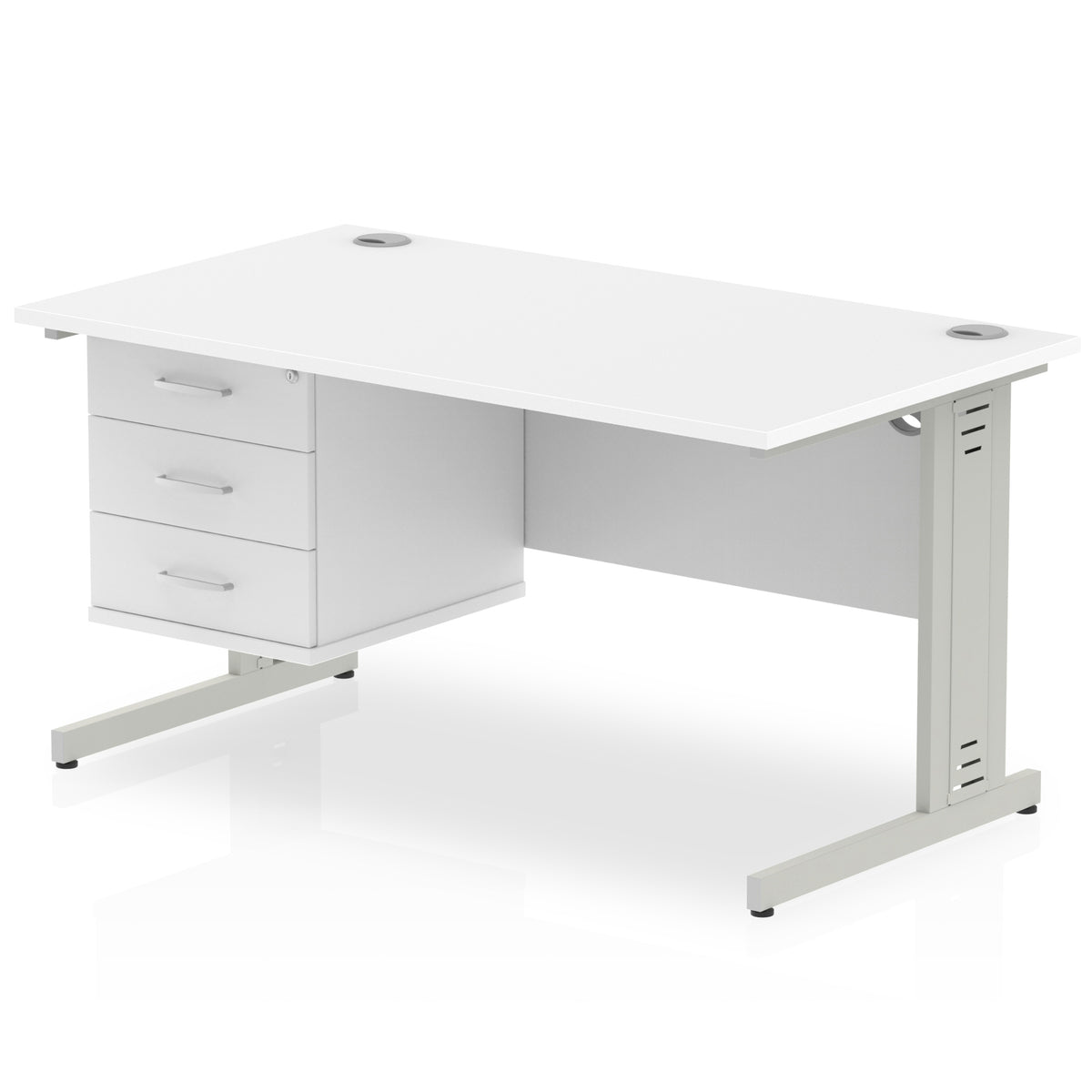 ID Workplace Cable Managed Desk – 1400mm White 3 Drawer Silver - Industrious Decor