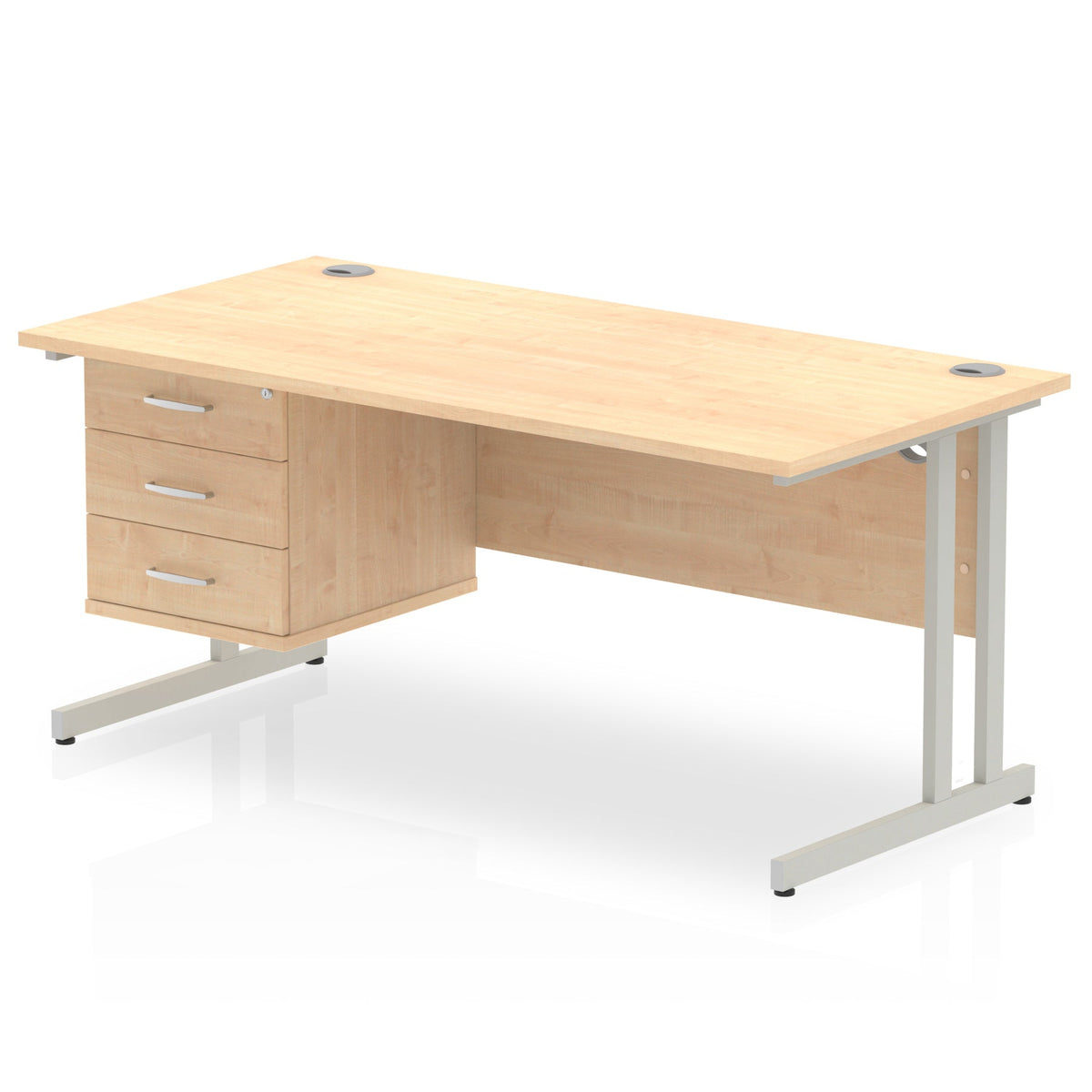 ID Workplace Cantilever Desk with 3 Drawer Fixed Pedestal Maple Silver - Industrious Decor