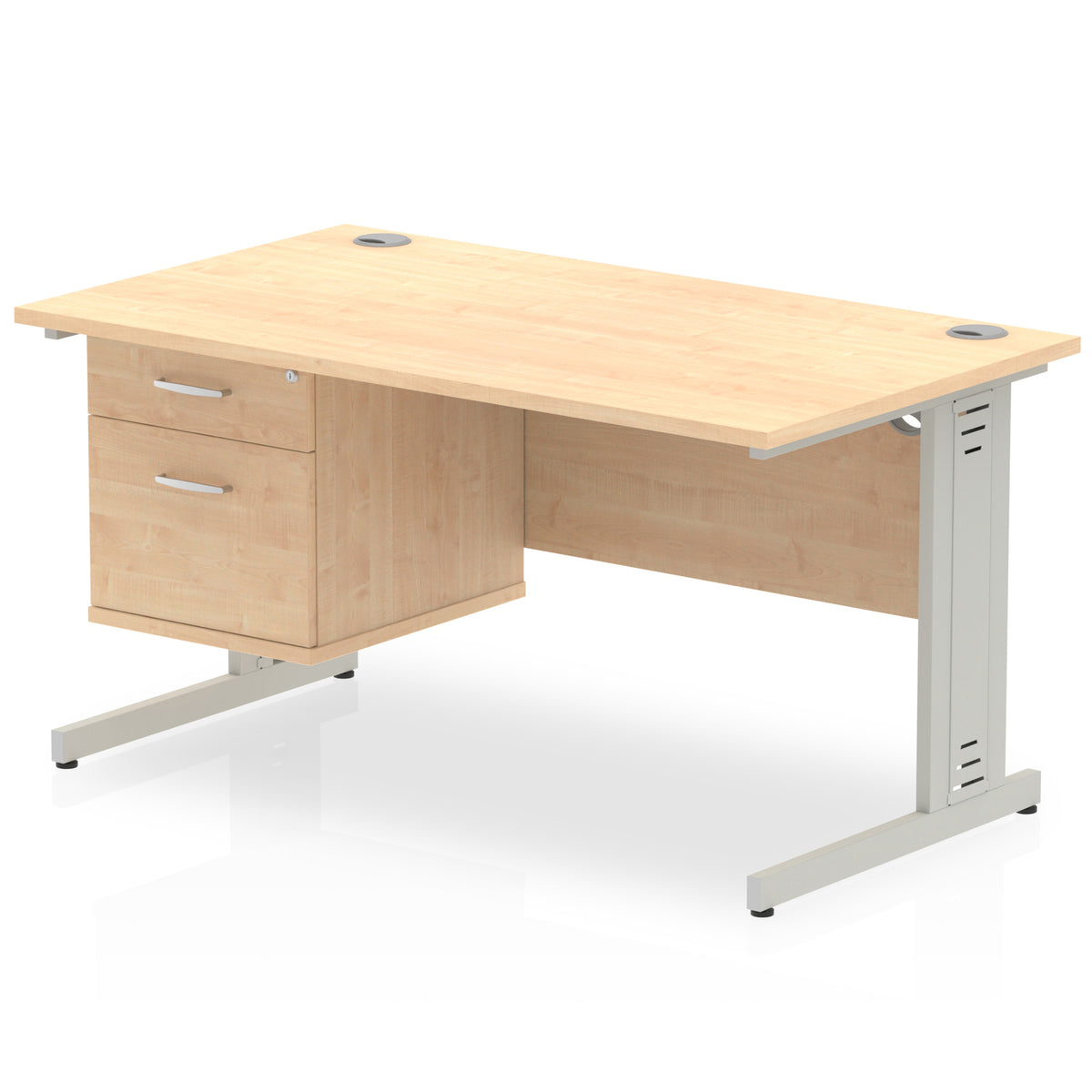 ID Workplace Cable Managed Desk – 1400mm Maple 2 Drawer Silver - Industrious Decor