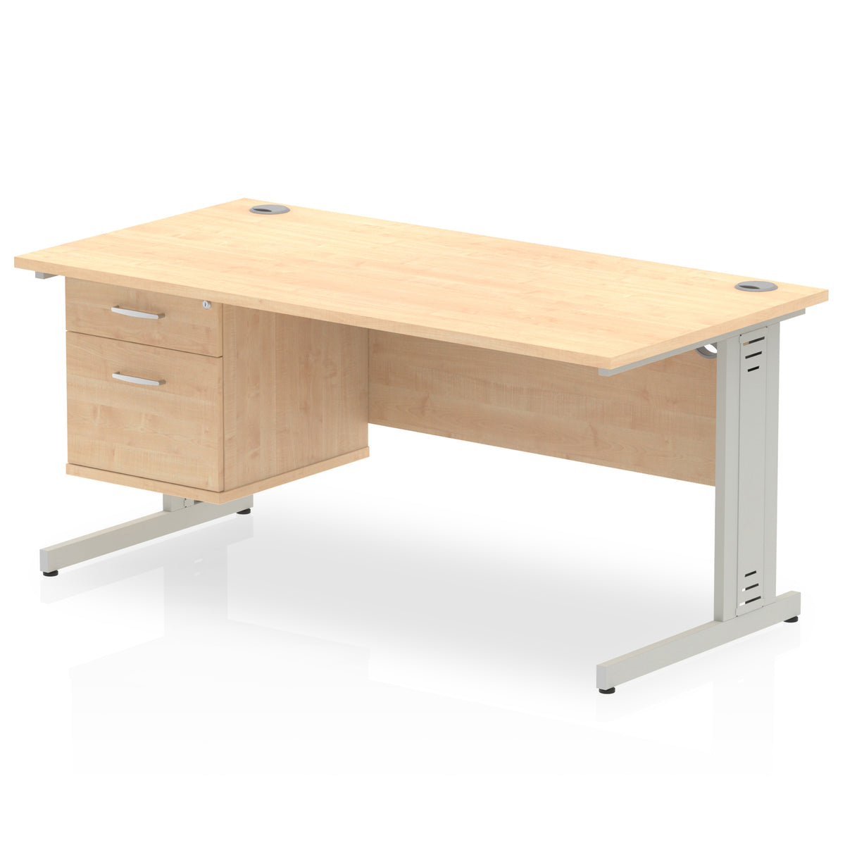 ID Workplace Cable Managed Desk – 1600mm Maple 2 Drawer Silver - Industrious Decor
