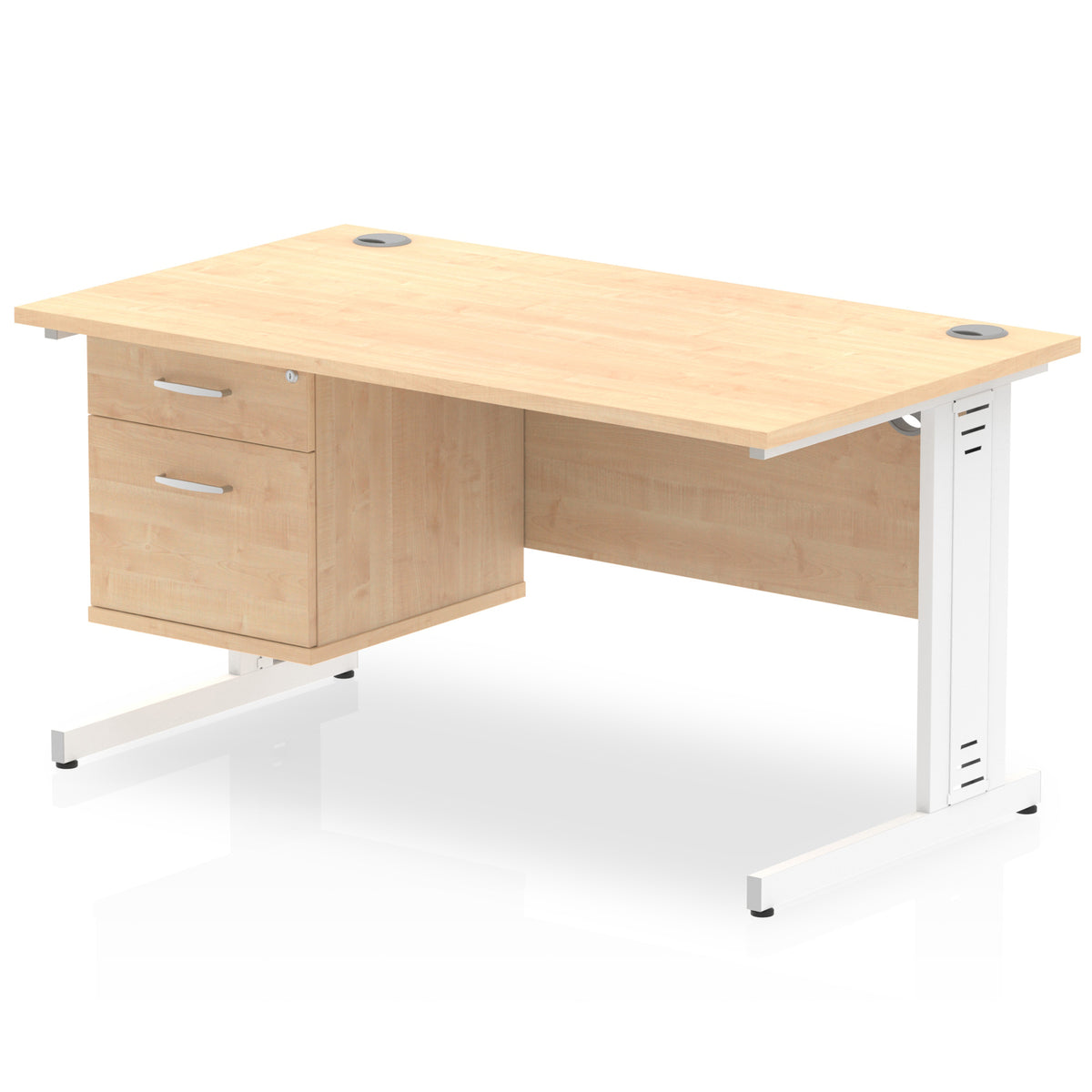ID Workplace Cable Managed Desk – 1400mm Maple 2 Drawer White - Industrious Decor