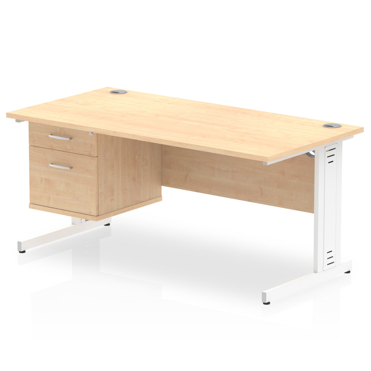 ID Workplace Cable Managed Desk – 1600mm Maple 2 Drawer White - Industrious Decor