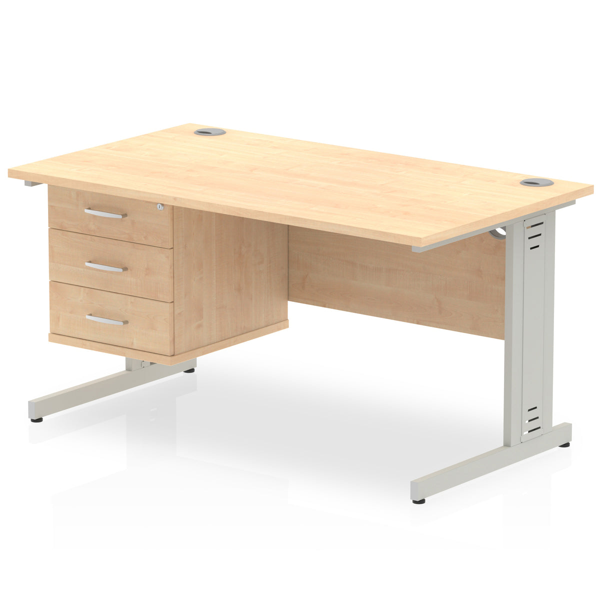 ID Workplace Cable Managed Desk – 1400mm Maple 3 Drawer Silver - Industrious Decor
