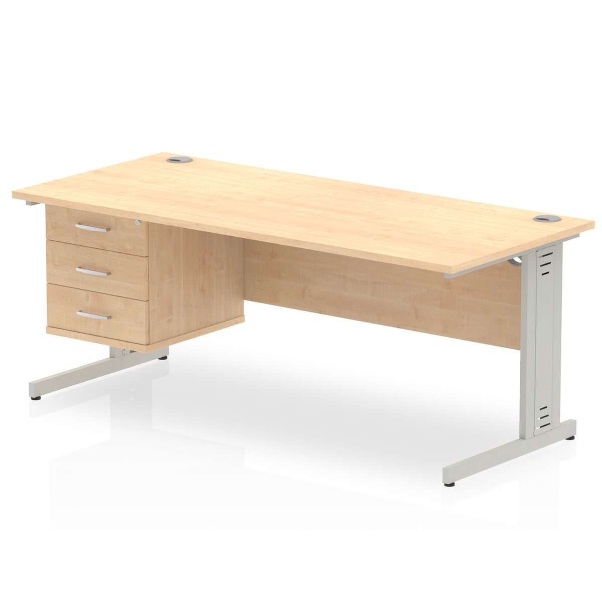 ID Workplace Cable Managed Desk – 1800mm Maple 3 Drawer Silver - Industrious Decor