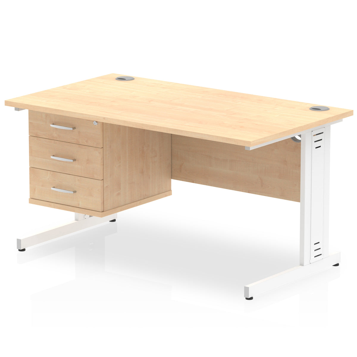 ID Workplace Cable Managed Desk – 1400mm Maple 3 Drawer White - Industrious Decor