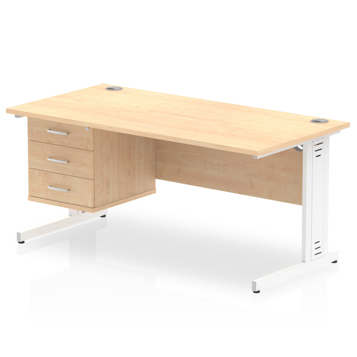 ID Workplace Cable Managed Desk – 1600mm Maple 3 Drawer White - Industrious Decor