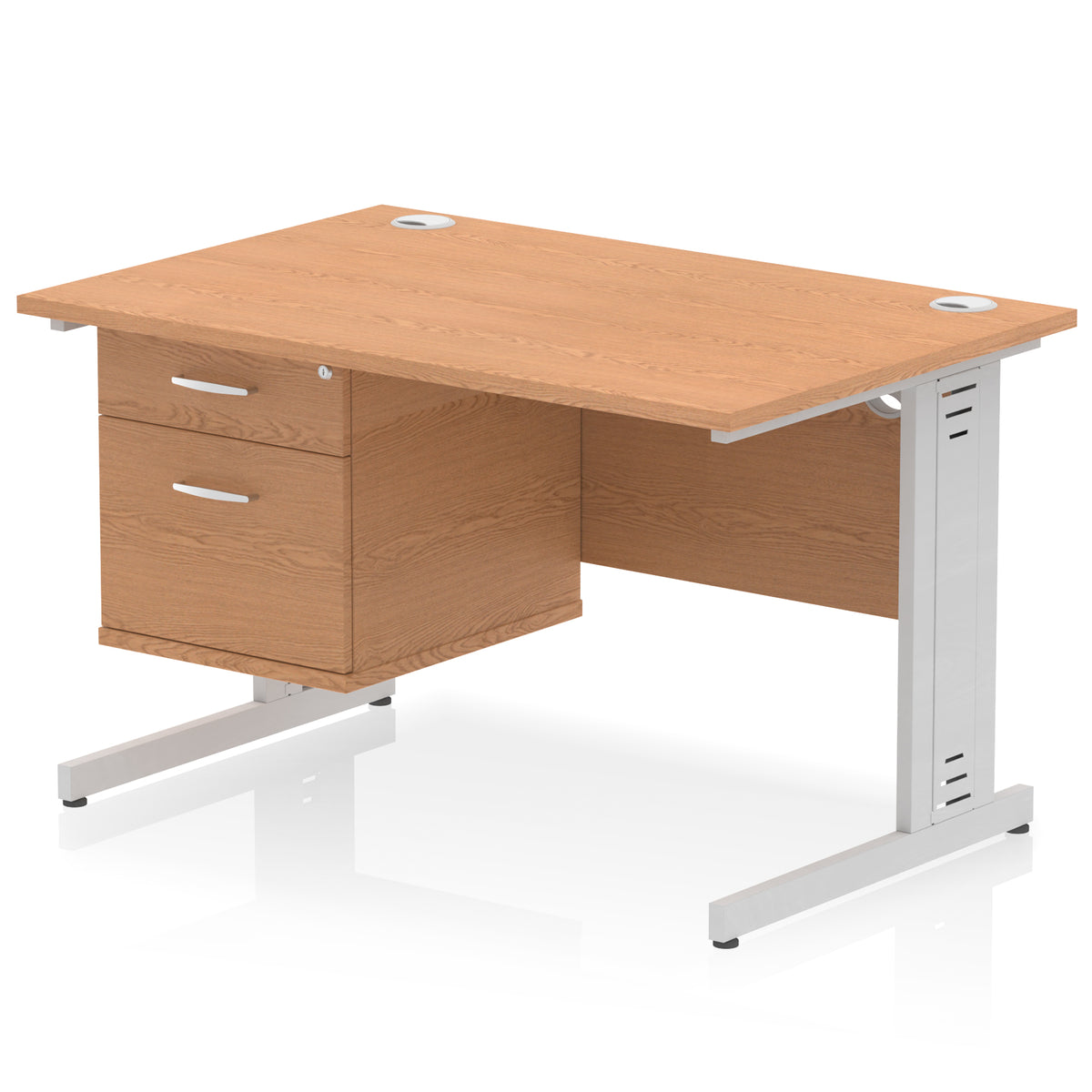 ID Workplace Cable Managed Desk – 1200mm Oak 2 Drawer Silver - Industrious Decor
