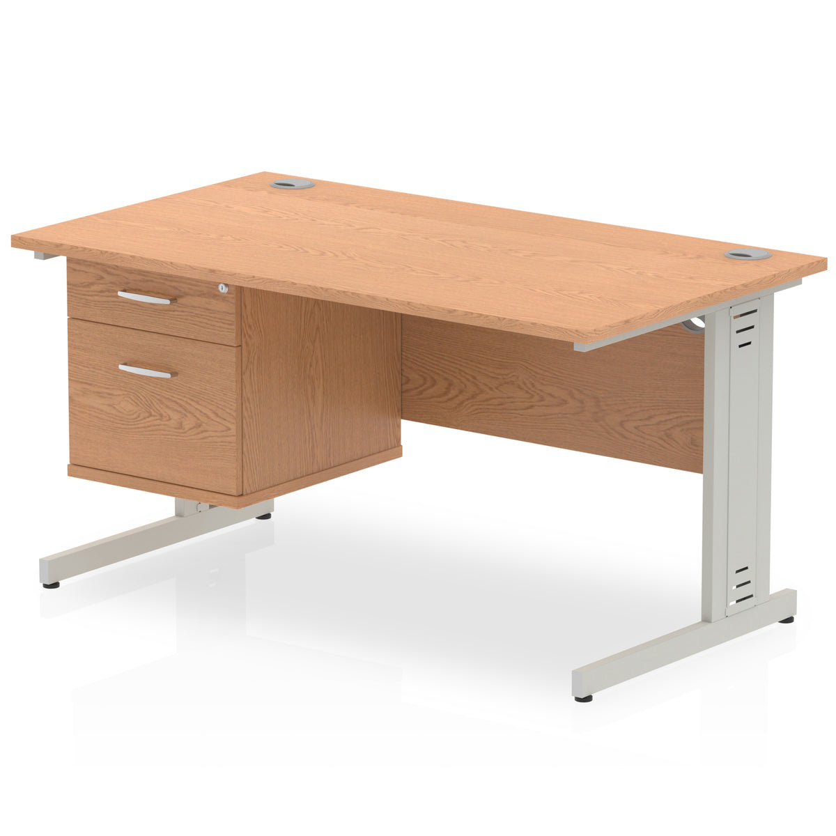 ID Workplace Cable Managed Desk – 1400mm Oak 2 Drawer Silver - Industrious Decor