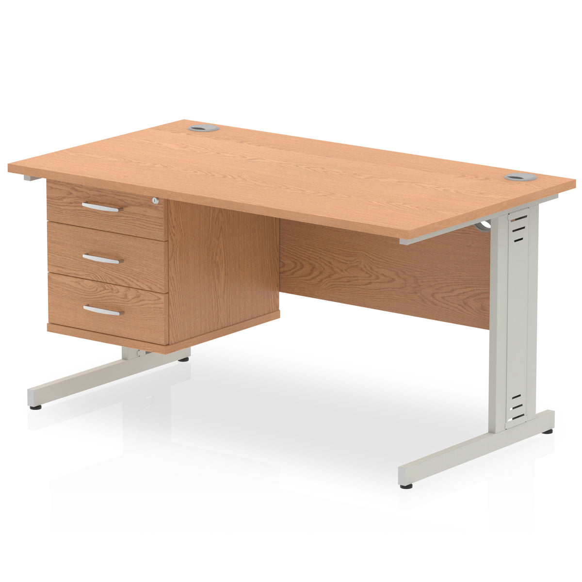ID Workplace Cable Managed Desk – 1400mm Oak 3 Drawer Silver - Industrious Decor