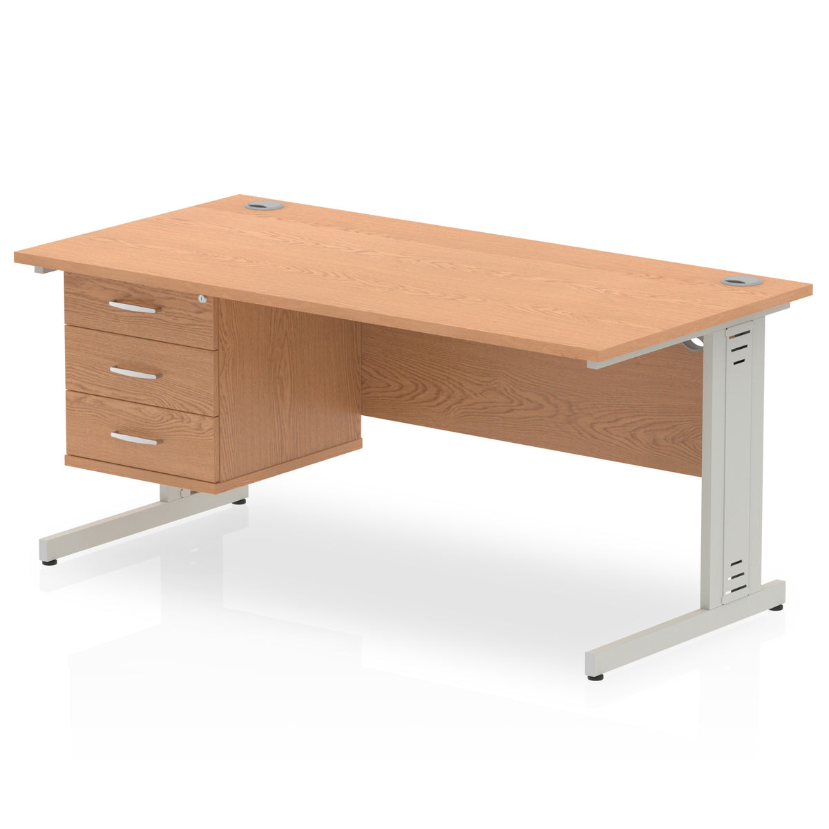ID Workplace Cable Managed Desk – 1600mm Oak 3 Drawer Silver - Industrious Decor
