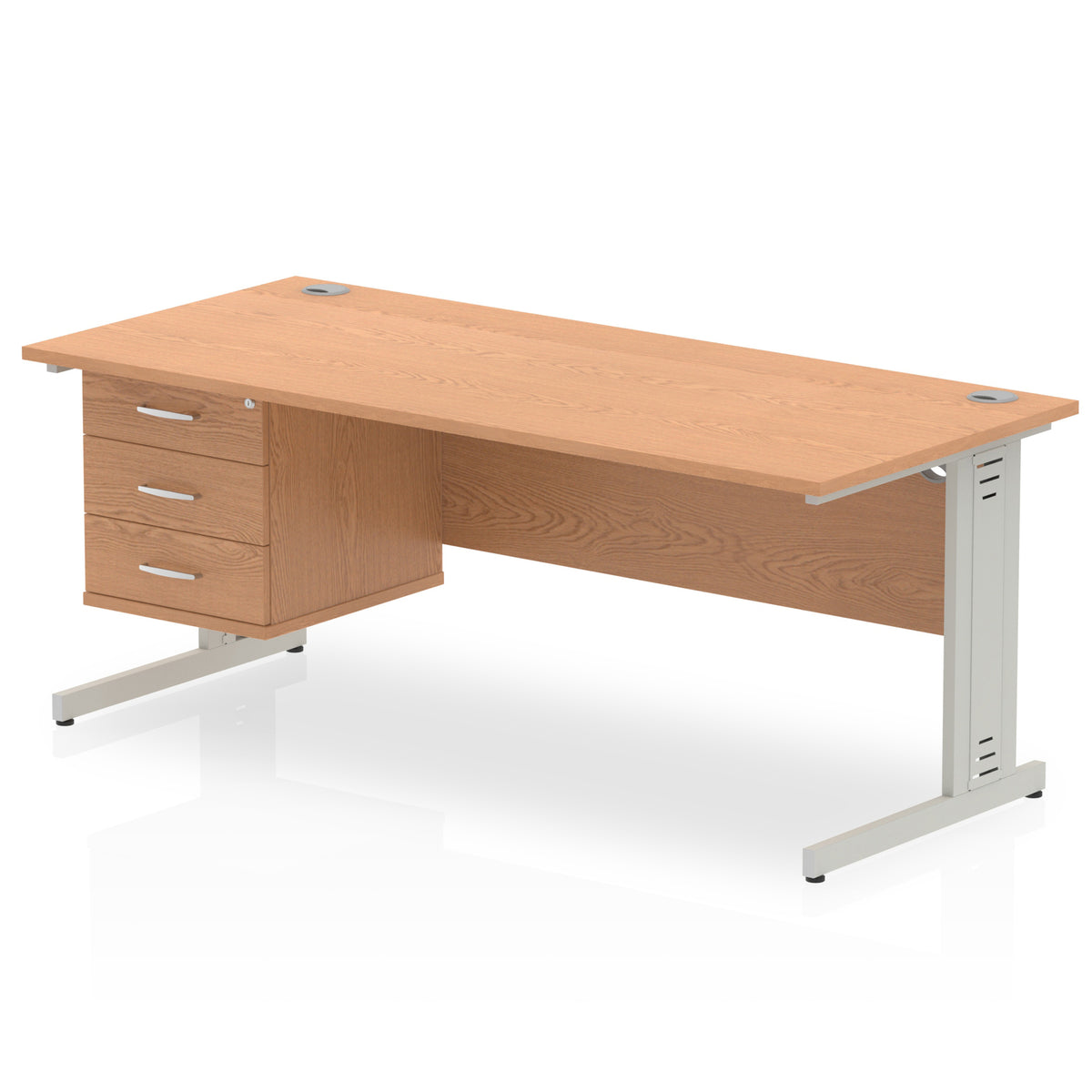 ID Workplace Cable Managed Desk – 1800mm Oak 3 Drawer Silver - Industrious Decor