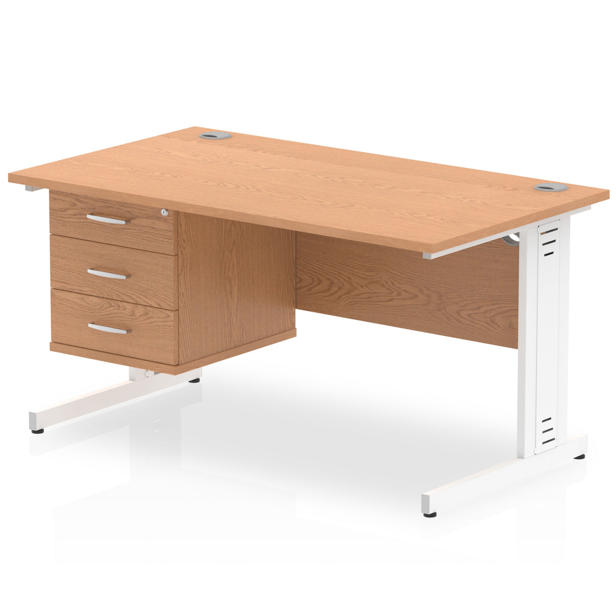 ID Workplace Cable Managed Desk – 1400mm Oak 3 Drawer White - Industrious Decor