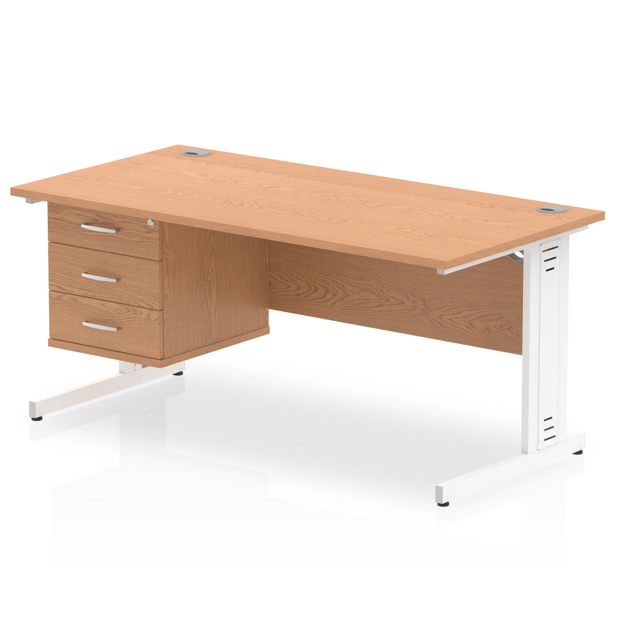 ID Workplace Cable Managed Desk – 1600mm Oak 3 Drawer White - Industrious Decor