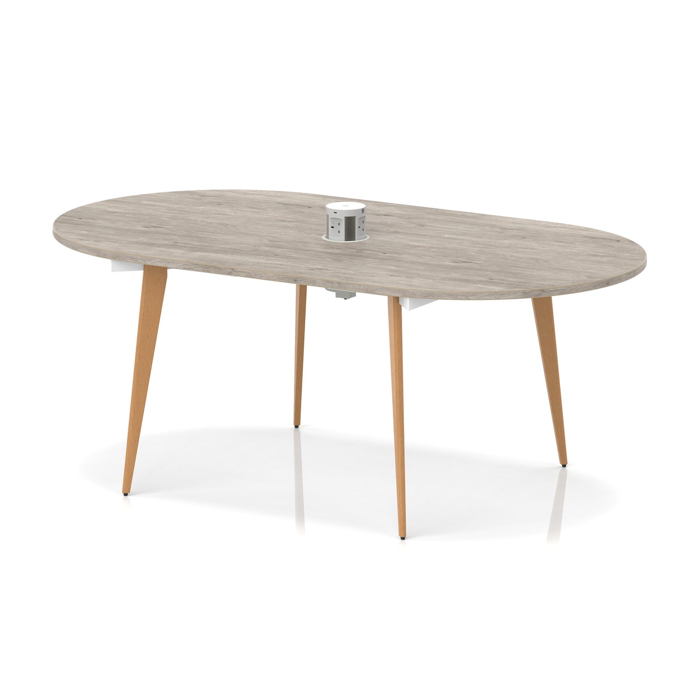 Oslo Volta Oval Boardroom Table With Pop-up Power Module With Wooden Splayed Leg Grey Oak 1800mm - Industrious Decor