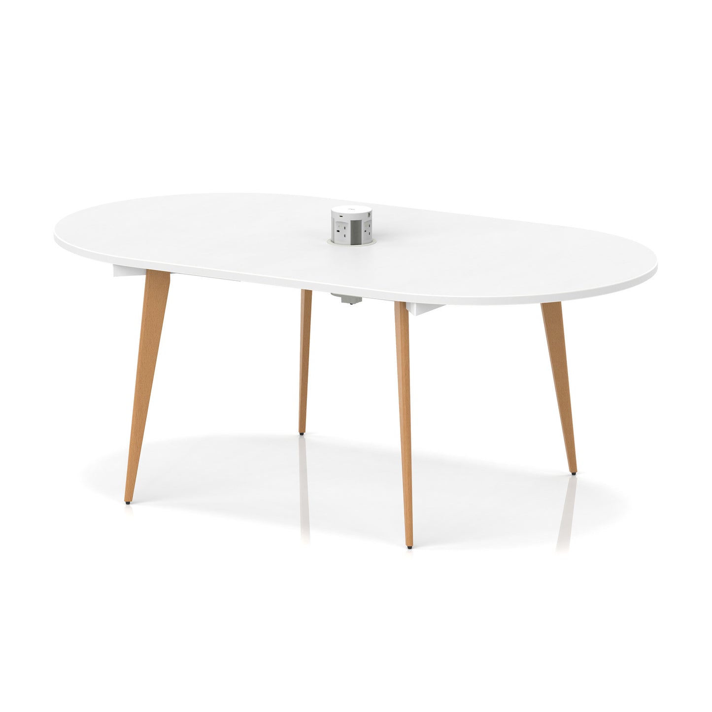Oslo Volta Oval Boardroom Table With Pop-up Power Module With Wooden Splayed Leg White 1800mm - Industrious Decor