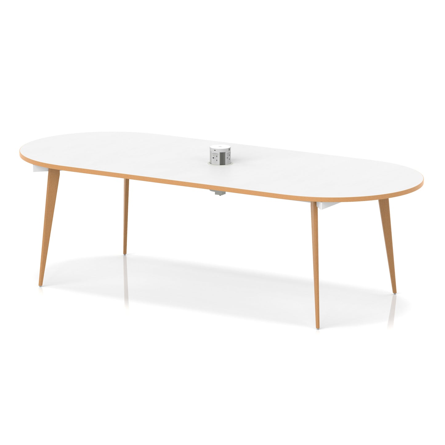 Oslo Volta Oval Boardroom Table With Pop-up Power Module With Wooden Splayed Leg White Top Natural Wood Edge 2400mm - Industrious Decor
