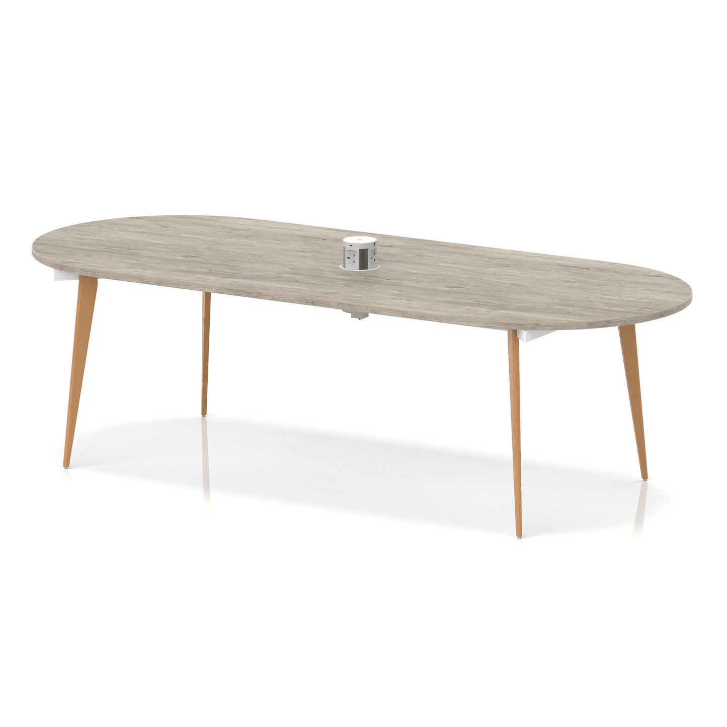 Oslo Volta Oval Boardroom Table With Pop-up Power Module With Wooden Splayed Leg Grey Oak 2400mm - Industrious Decor