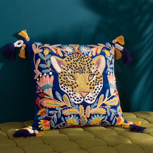 Embroidered Leopard Cushion