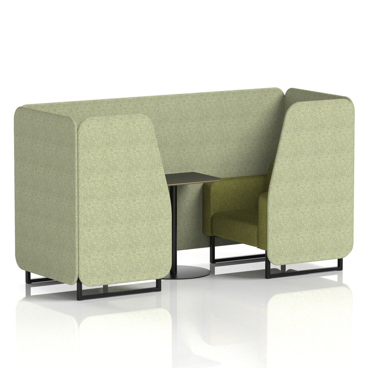 Commercial 2 Seater Privacy Booth with Black Table – Two Tone – Crib 5 Rivet - Burnish Panels And Olive Sofa Black - Industrious Decor