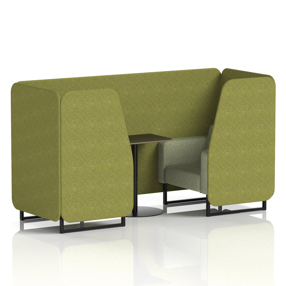 Commercial 2 Seater Privacy Booth with Black Table – Two Tone – Crib 5 Rivet - Olive Panels And Burnish Sofa Black - Industrious Decor