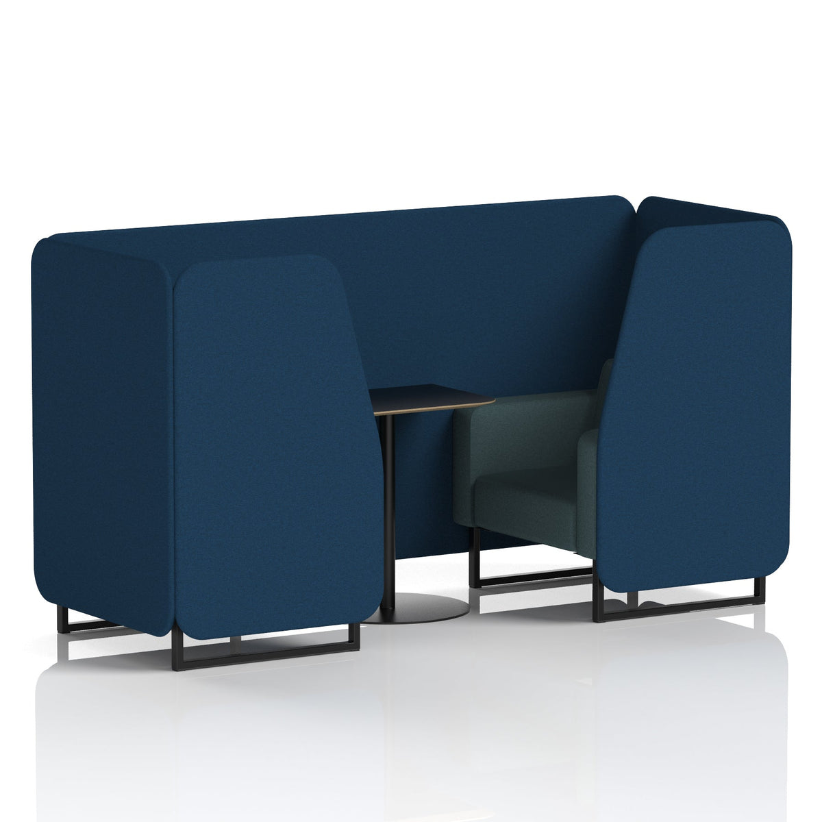 Commercial 2 Seater Privacy Booth with Black Table – Two Tone – Crib 5 X2 - Calculus Panels And Polygon Sofa Black - Industrious Decor